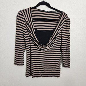 Cable & Gauge Womens Top Size M Draped Cowl Neck Black & Tan Striped